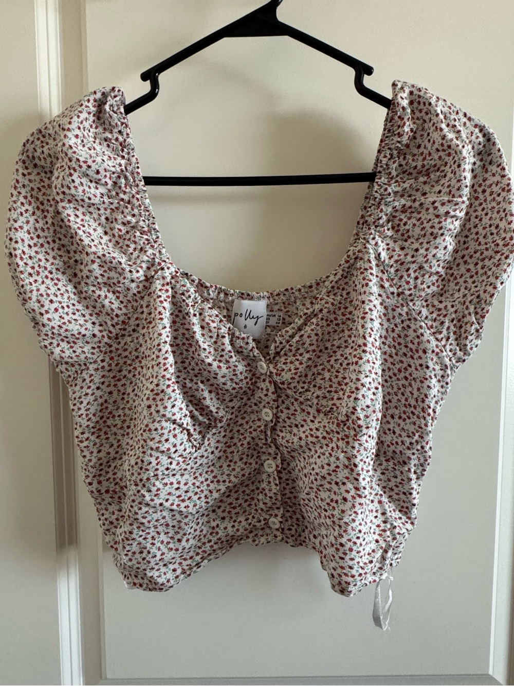 Puff-Sleeve Crop Blouse in Ivory with Red Floral Print